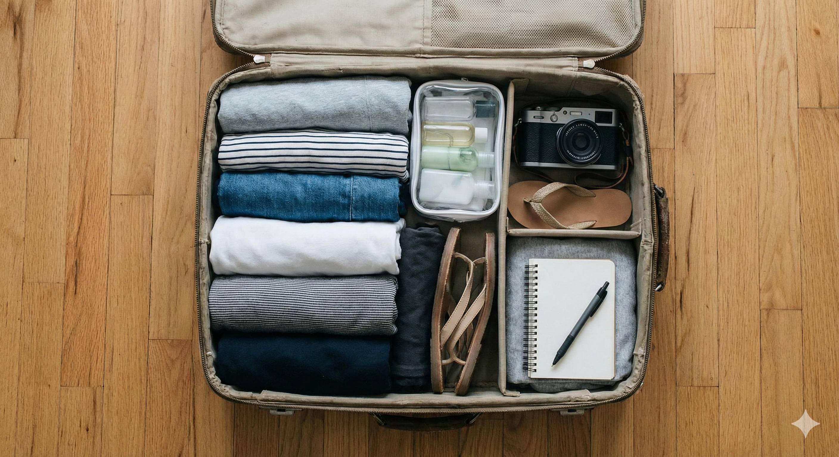 Odprta prtljaga s potovalnimi pripomočki - seznam za pakiranje
