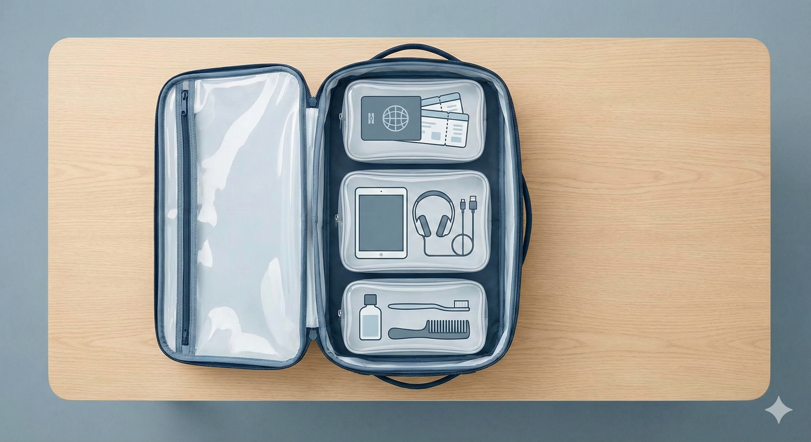 Organizirana ročna prtljaga z dovoljenim predmeti - dokumenti, elektronika, toaletne potrebščine