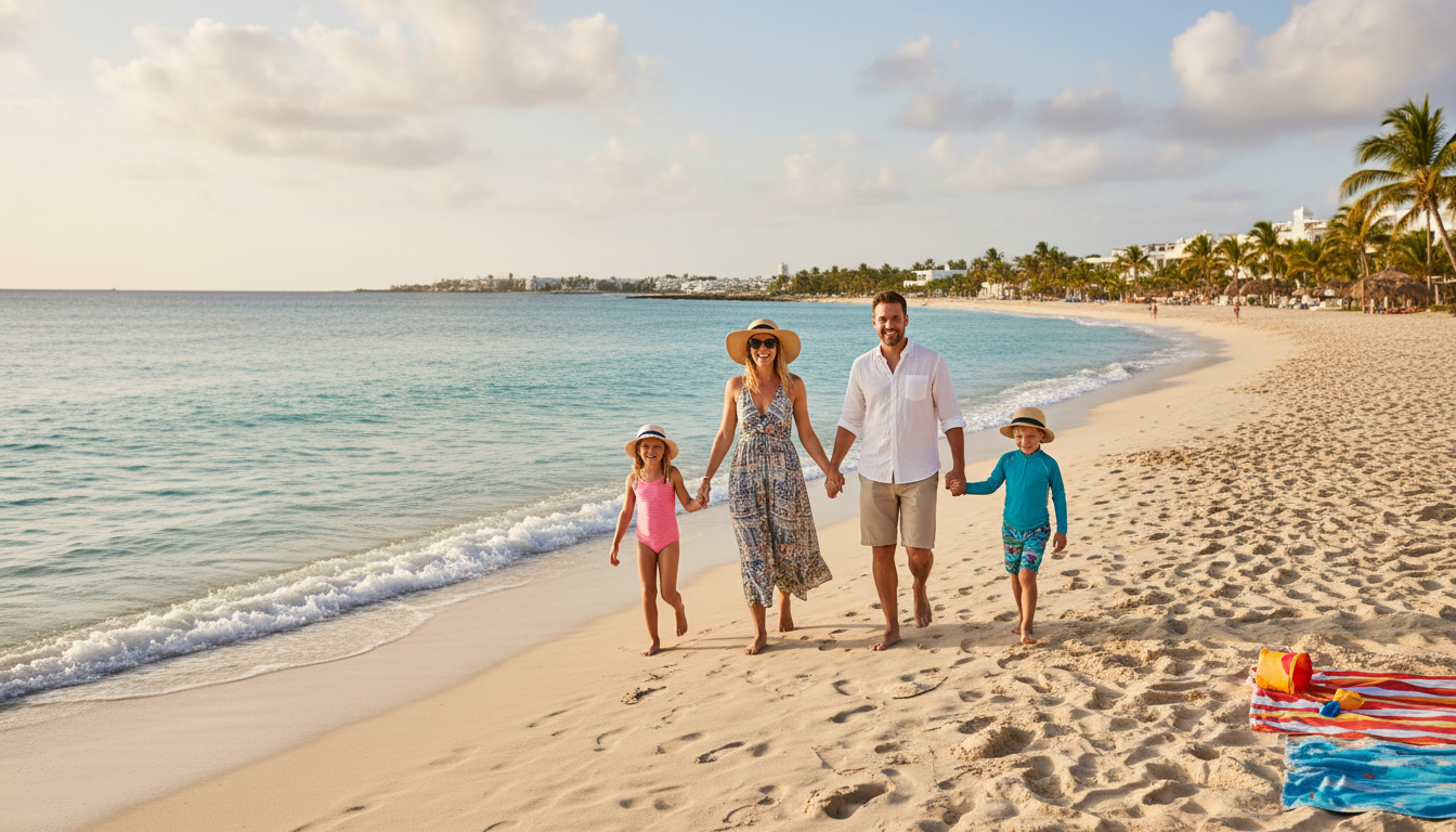 Srečna družina z dvema otrokoma na plaži - let iz Ljubljane